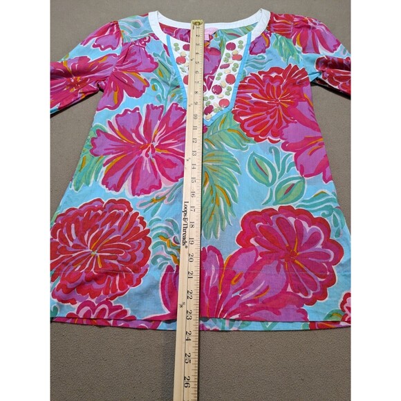 Lilly Pulitzer Women's Floral Blouse V-Neck w/ Embellishments Lagenlook Size XS - Picture 9 of 10